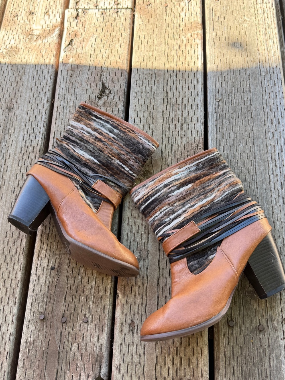 Francesca's Collections Tan and Multi-Stripe Wool Mid-Calf Heeled Boots - Picture 3 of 3